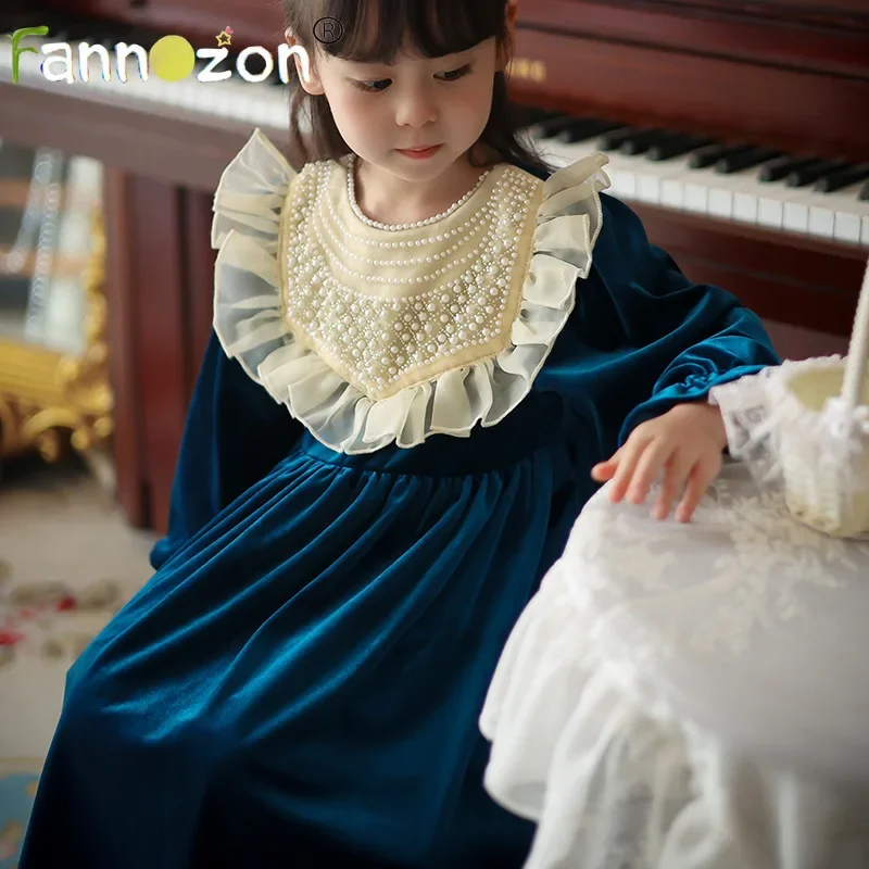 

2023 New Kids Clothing Lace Velvet Pearl Kids Clothes Girl Baby Autumn Dress Girls Casual Soft Design Princess Vestidos 2-7T