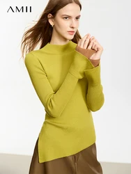 AMII Minimalist 2023 Women Sweater Autumn New Half High Collar Spliced Slim Fit Asymmetrical Slit Office Lady Pullovers 12343376