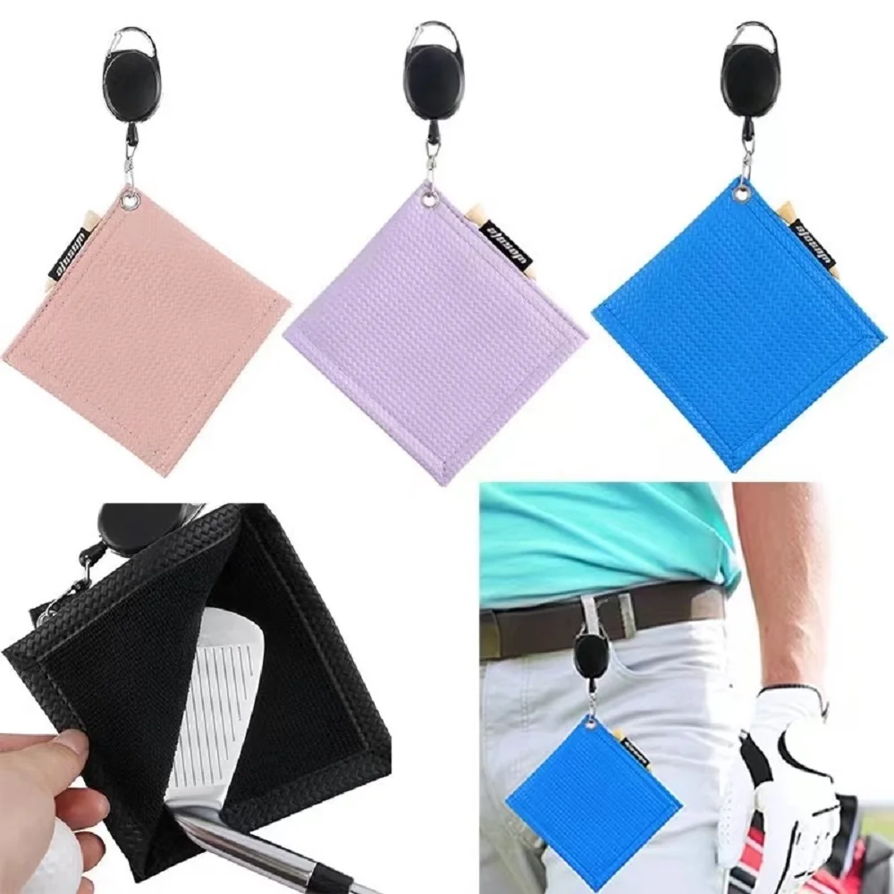 PU Golf Ball Cleaning Towels Golf Club Head Wiping Cloth Hiking Buckle Retractable Portable Golf Club Cleaner 12x12cm