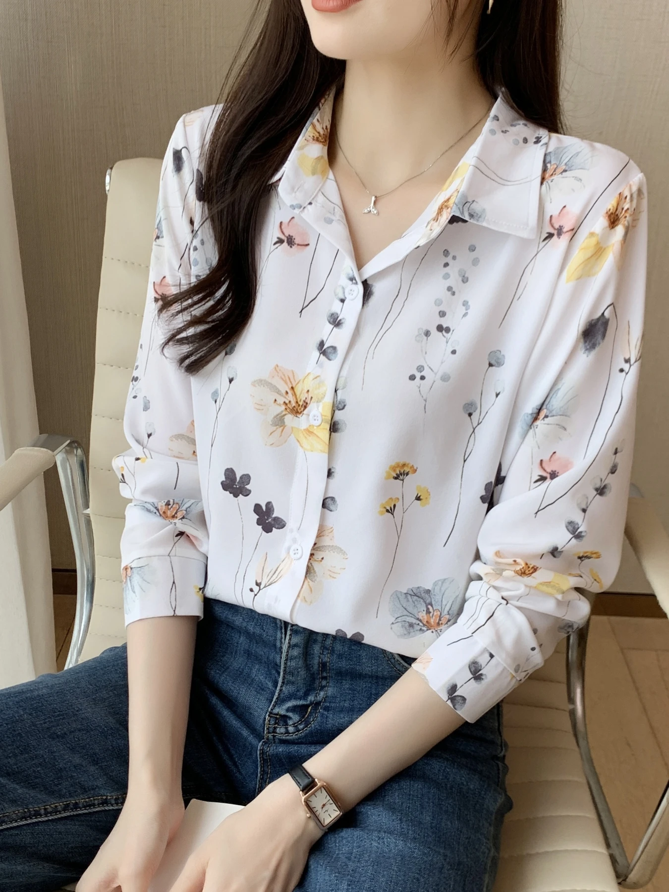 Women Floral Print Chiffon Shirt Lapel Collar Long Sleeve Button Down Blouse Elegant Casual Office Ladies Loose Breathable Tops