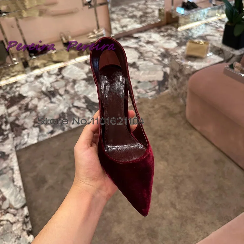 Wine Red Suede Pumps Cut Out Shallow Pointed Toe Slip-On 2024 Thin High Heel Elegant Luxury Design Women Dress Party Shoes
