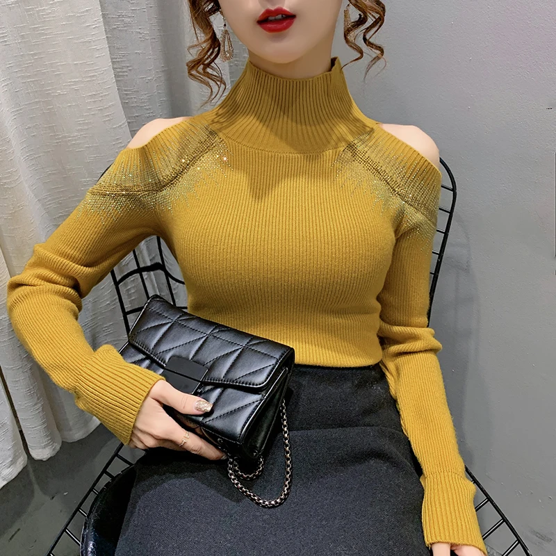 MadBlack New European Clothes Sweater Women Mock Neck Off Shoulder Diamond Knit Tops Long Sleeve Pullover Autumn Winter T30431JM