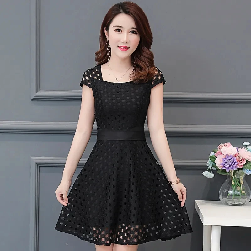 Summer Black Hollow Out Lace Dress Women's Short Sleeve Square Collar Lace-Up Red Slim Plus-Size Dresses Vestido Mujer Elegante