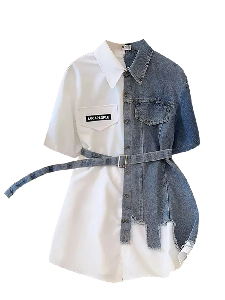 Abito camicia a trapezio patchwork in denim da donna anni \'90 Mini abiti vintage neri a maniche corte Y2k Abiti eleganti in un unico pezzo Abiti