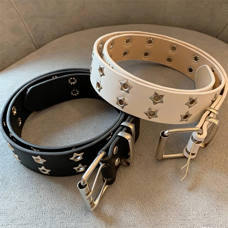 

Двухрядный кожаный ремень с ажурным узором для женщин: для джинсов, юбок, в стиле Y2K, из искусственной кожи, черный/белый, декоративный ремень для талии