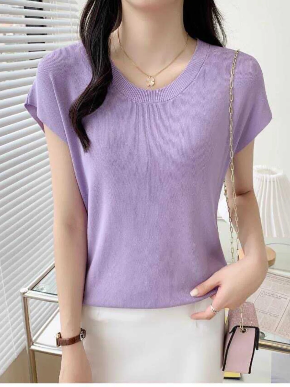 

Slim Fit Ice Silk Knitted Top Women's Summer Thin Shoulder Drop Sleeve round Neck Short Sleeve T-Shirt Casual Commute Style