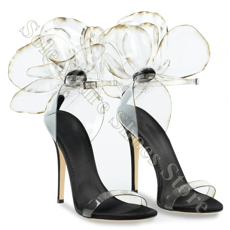 Organza Flower Applique Clear Strap Grace Heeled Sandals Clear Strap Adjustable Ankle Buckle Non Slip Party Sandals