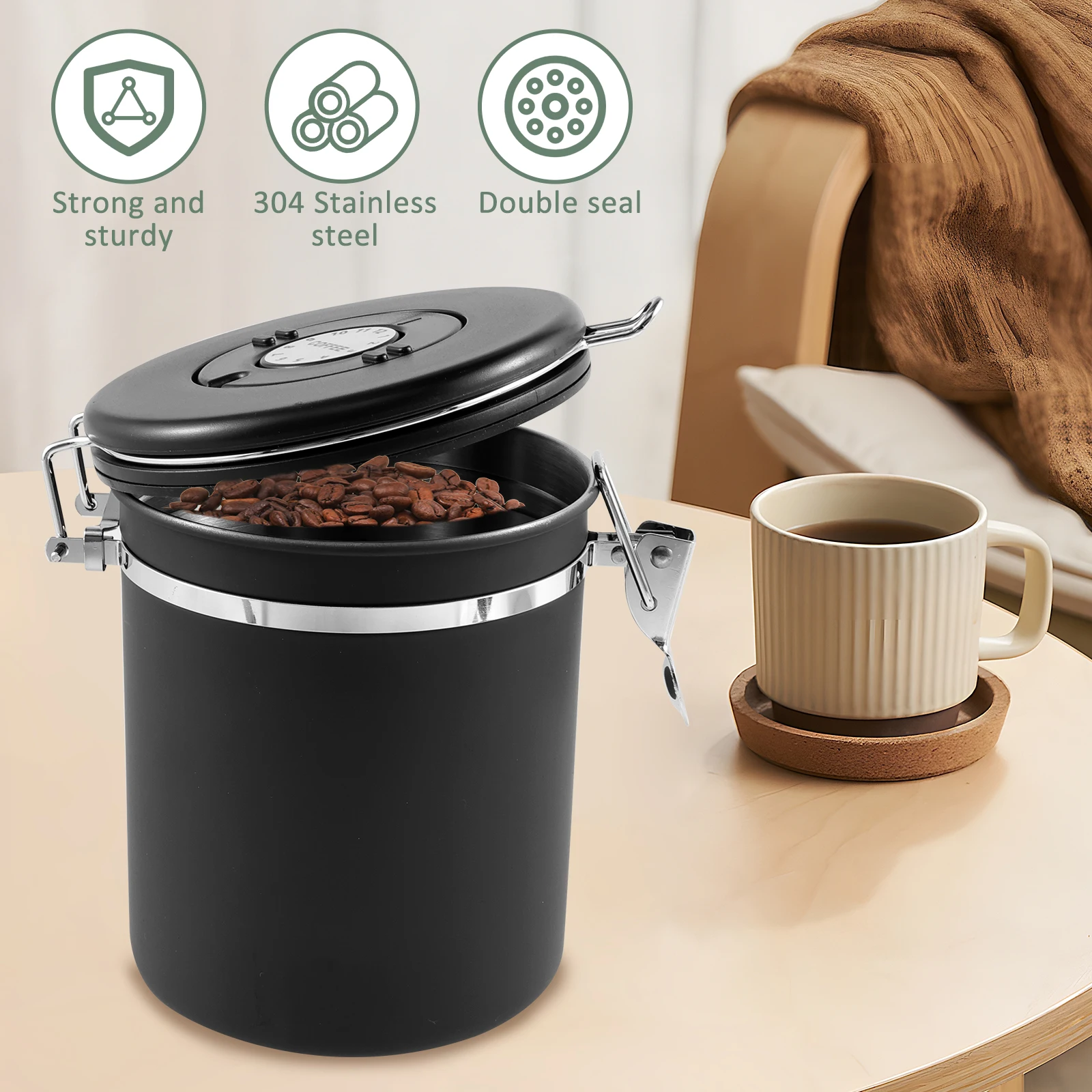 Coffee Storage Canister 1.5L Double Airtight Coffee Beans Container with Spoon 304 Stainless Steel Coffee Storage Can