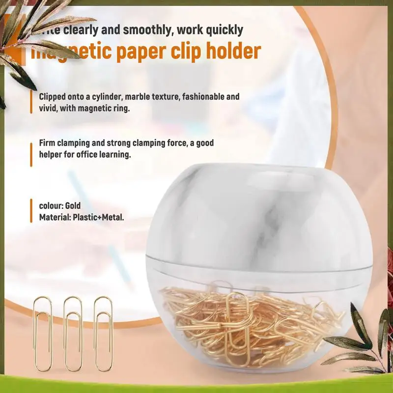 New-Gold Paper Clips In Elegant Magnetic Marble White Clip Holder, 28Mm, 100 Clips Per Box