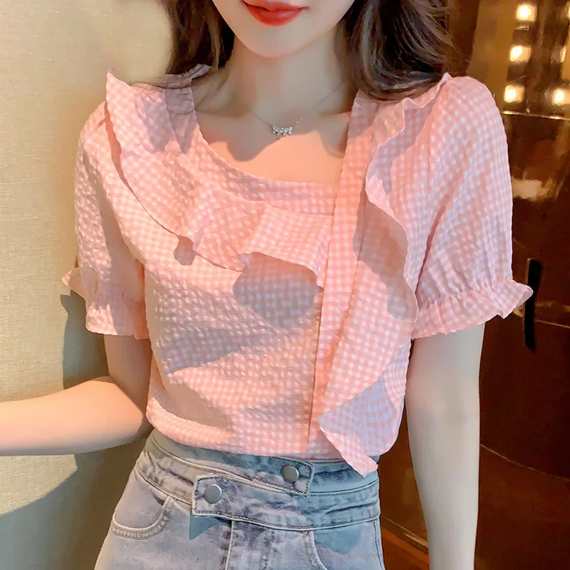 Sweet Loose Spliced Folds Ruffles Lattice Blouse Female Clothing 2023 Summer New Casual Pullovers Office Lady Asymmetrical Shirt