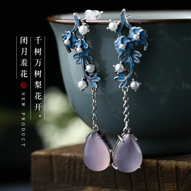Vintage Chinese Jade Pendant Earrings for Women Ancient Silver Color Retro Palace Style Luxury Jewelry Flower Shaped Ornaments