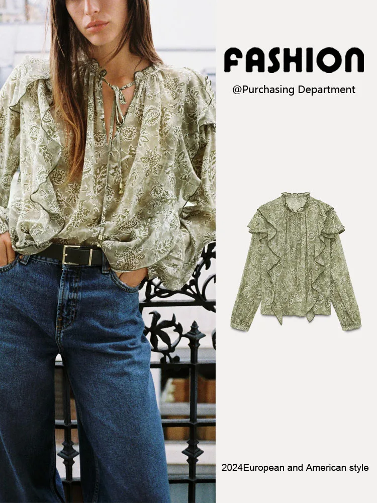 

Spring 2025 Women's Faion New round Ne irt Soft Print Layered Decoration Gentle Commuter Sle Long Sve V-ne irt
