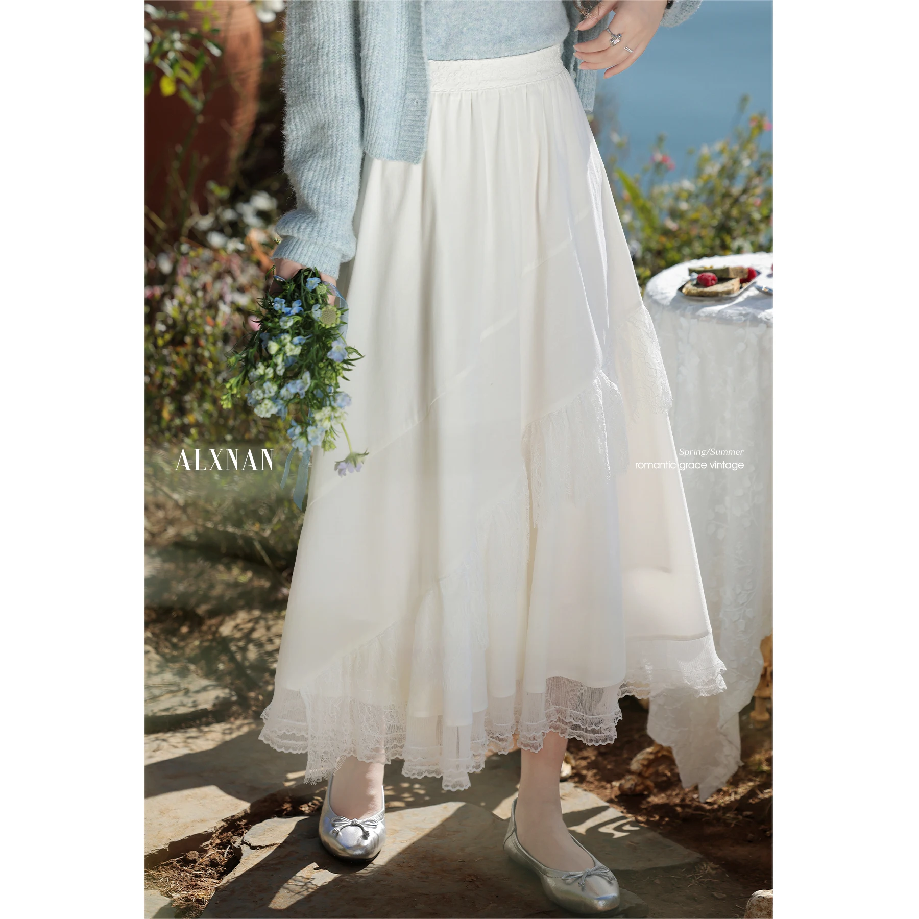 ALXNAN Off White A-line Skirt Women Long Elegant Lace Patchwork Sweet Skirt 2025 Spring Versatile Slim Ladies Clothing L52886