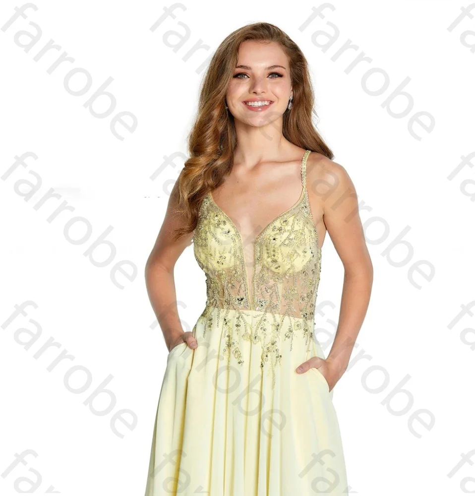 Vestidos de noche largos amarillos personalizados, gasa con cuentas y diamantes, cuello en V, corte en A, largo hasta el suelo, sin espalda, vestidos formales para fiesta de graduación