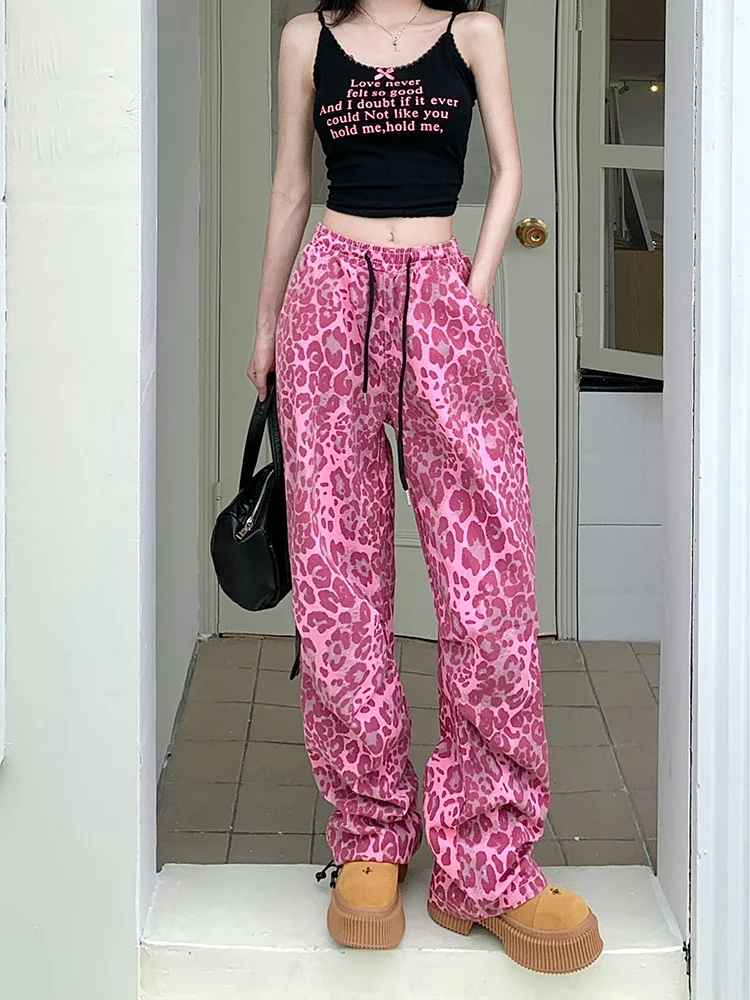 

Fashion Street Leopard Pattern American Women Pants Street Straight Cargo Pants Female Chicly Summer New Y2K Slim Woman Pants