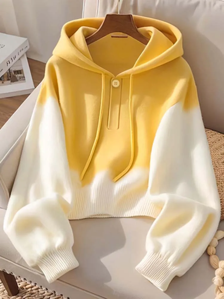 Women's contrast drawstring hooded long-sleeved sweater, loose, fashionable, elegant and versatile age-reducing women's sweater