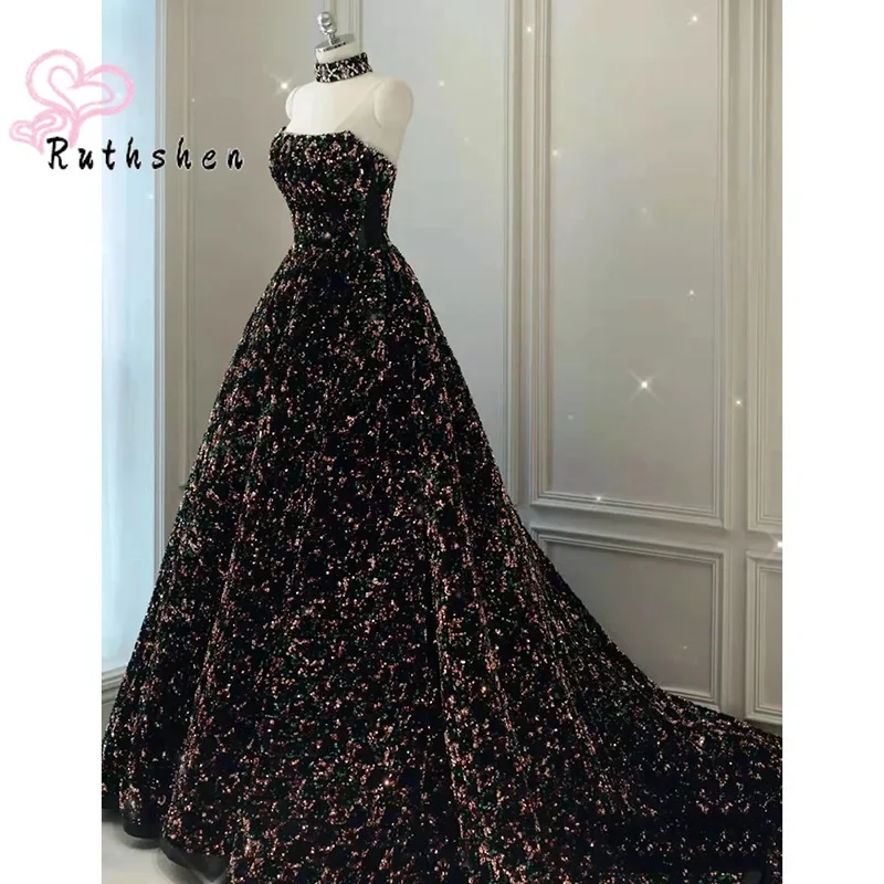 

Customized 2025 New Party Dresses Women Evening Gowns Strapless Sequined Bling Sweep Train Luxury Prom Formal Dress Vestidos