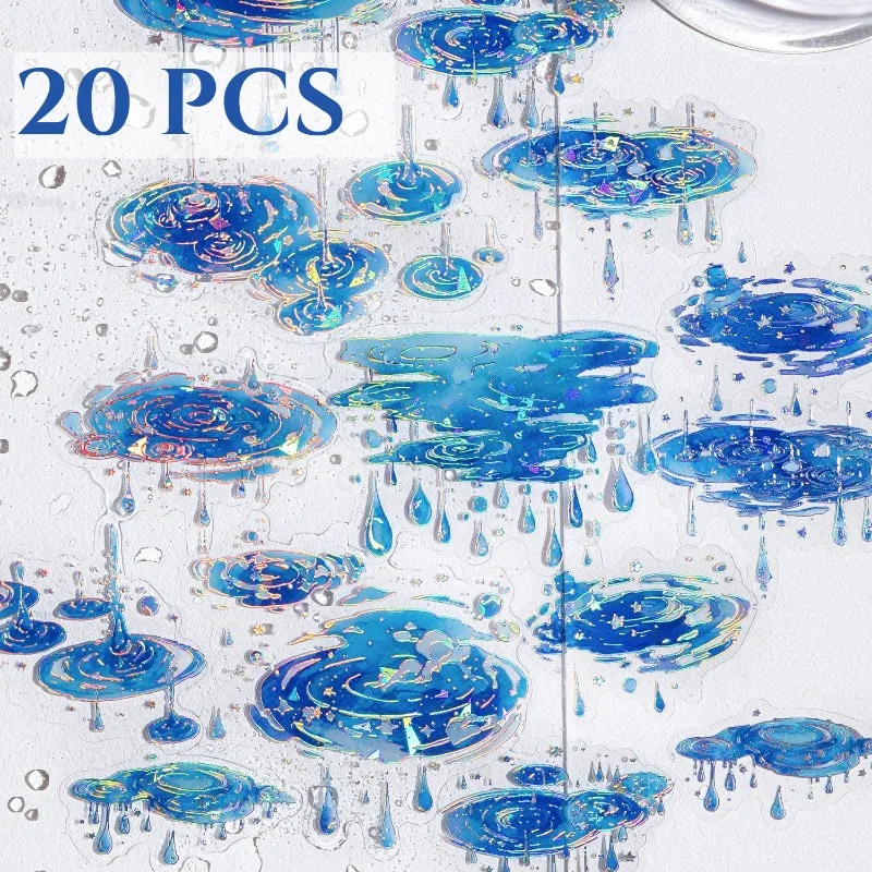 20Pcs/bag Laser Raindrop Ripple PET Sticker Scrapbook Journal Landscaping DIY Decoration Phone Case Art Diary Waterproof Decal
