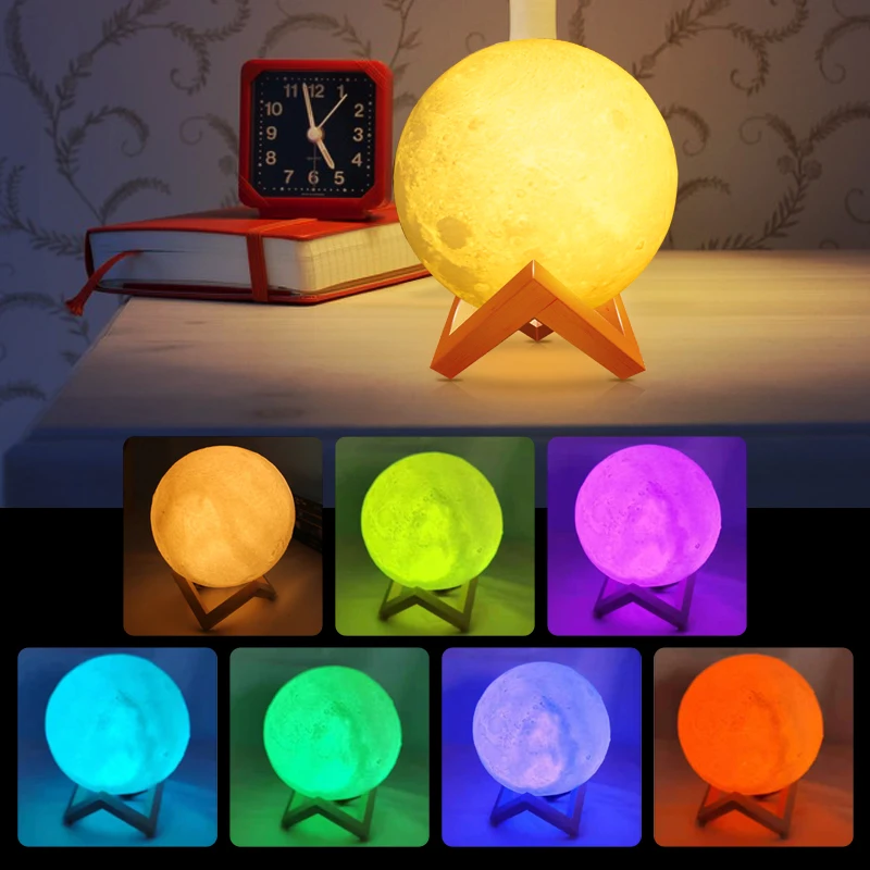 Lampu Malam LED Lampu Bulan Cetak 3D dengan Tiang 8CM/12CM/15CM Bertenaga Baterai 7 Warna Berubah Anak Bulan Lampu Malam Dekorasi Rumah