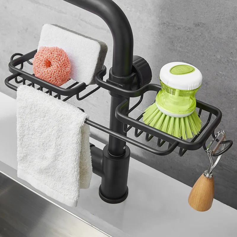 Space Aluminum Faucet Rack Without Punching Sponge Steel Ball Drain Rack Black Kitchen Storage and Finishing Shelf