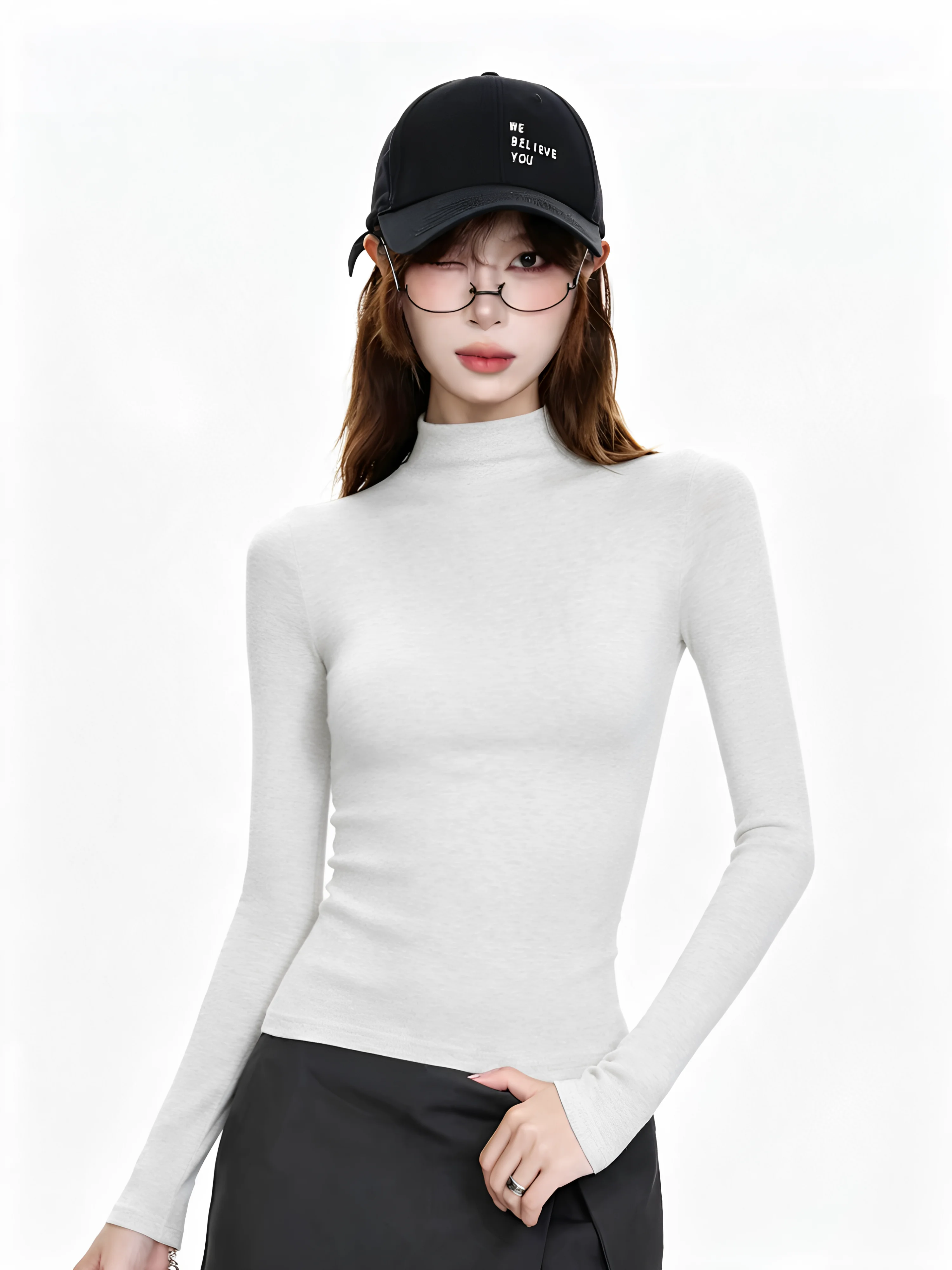 plus Size Women's Fleece Lined Slim Fit Long Sleeve Base Shirt Half High Collar T-Shirt for Office And Casual Wear