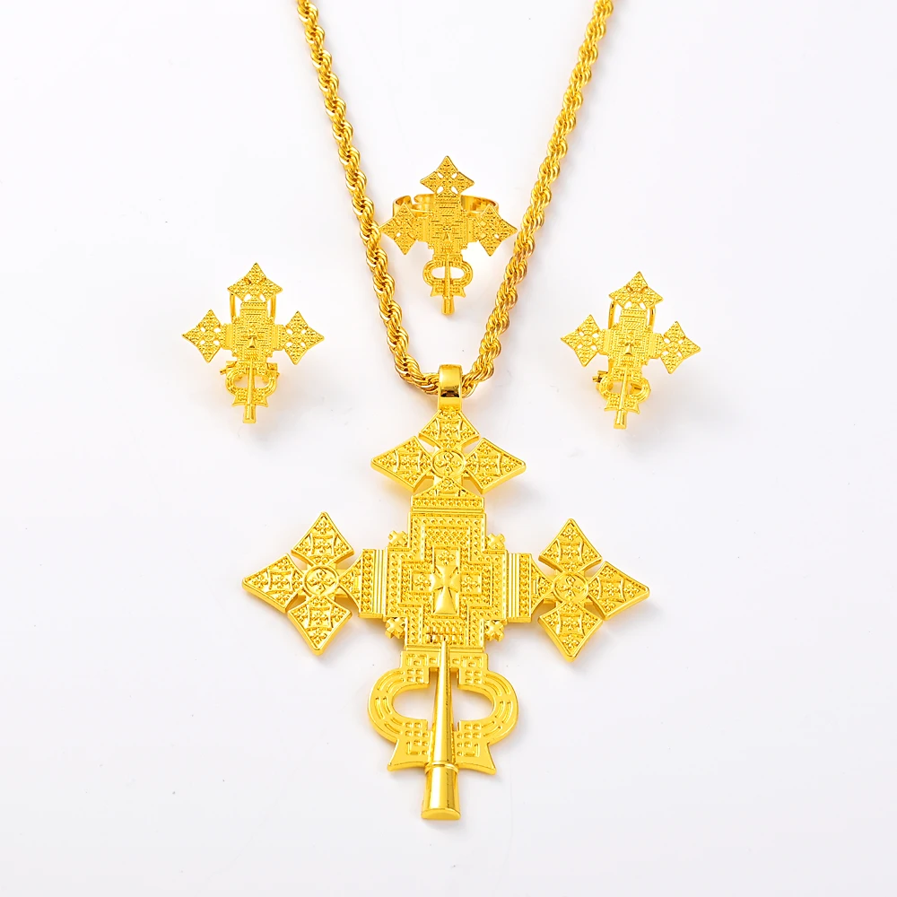 African Cross Necklace Earrings Ring Jewelry Sets Gold Color Ethiopian Eritrean Holiday Party Ornaments image 2