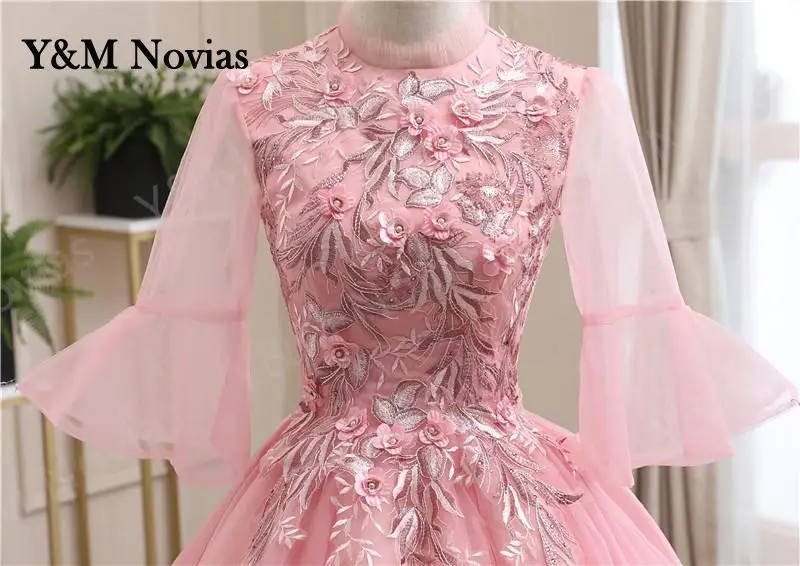 Y & m novias quinceanera vestidos rosa alta pescoço mangas alargadas rendas apliques bordados vestidos de baile plus size de 15 anos