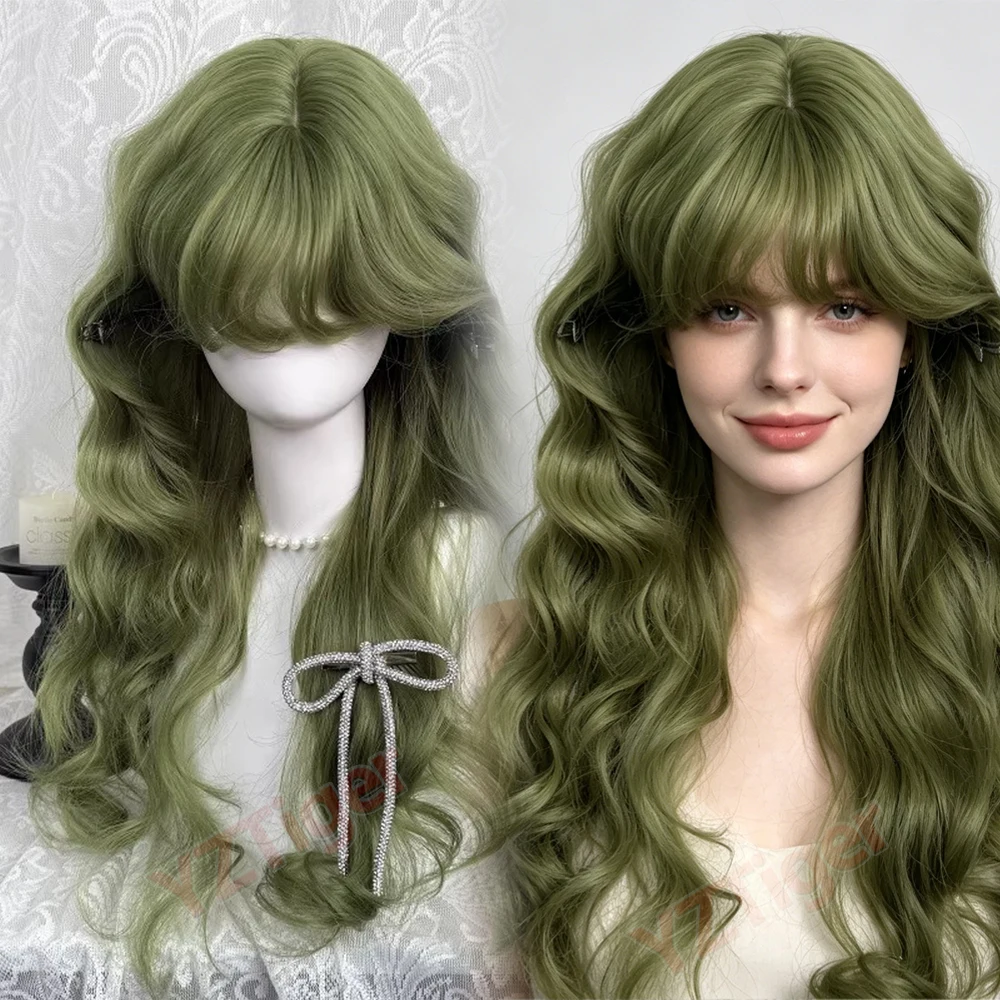 Long Wavy Cosplay Green Wig for Women Heat Resistant Ponytail Lolita Synthetic Halloween Anime Wigs Kpop Natural Hair Party
