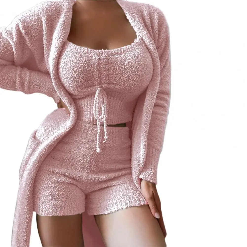 1 Set Top Shorts Coat Solid Color Plush Three-piece Temperament Thick Sleepwear Set for Sleeping womens two peice sets