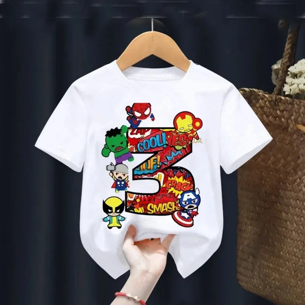 Marvel Spiderman Cotton Children T Shirt Boy 3 4 5 6 7 8 9 Birthday Numble Girl Tees Super Hero Birthday Party Gift Kid Clothes