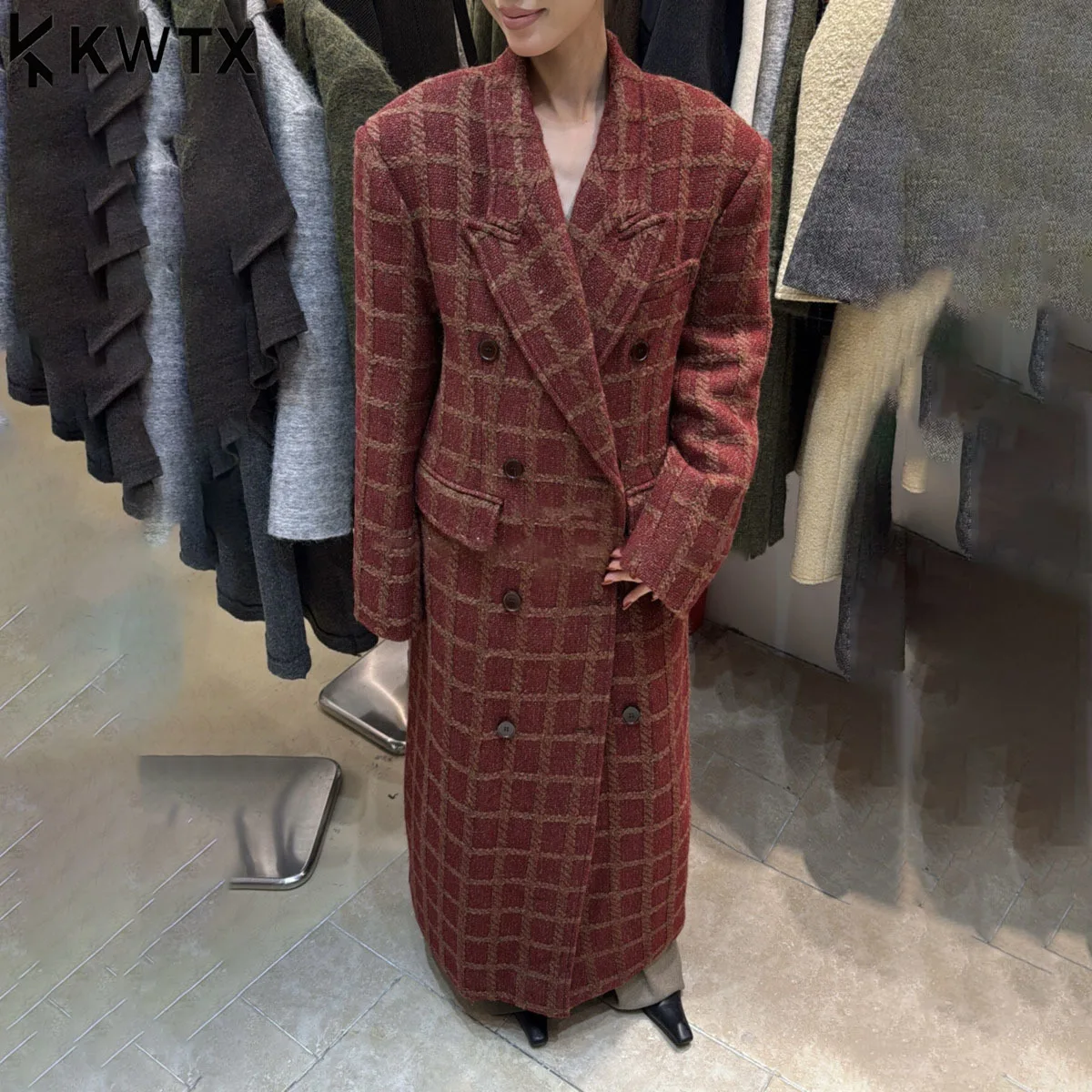 

KWTX Women's Premium 100% Wool Long Coat Double Breasted Plaid Red Vintage Elegant Casual New Arrival Autumn Winter 2025