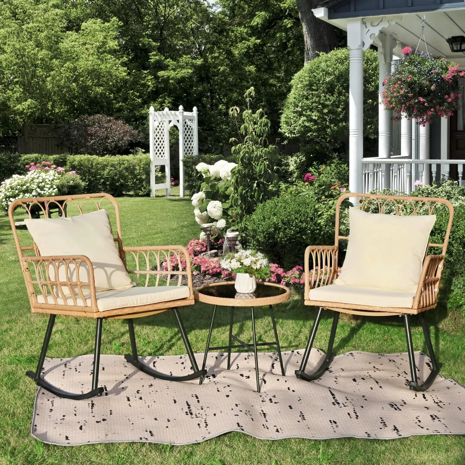 

3 Pieces Patio Wicker Rocking Chairs Set,Furniture Patio Bistro Sets,Rattan Woven Conversation Sets with Washable Cushions&Table