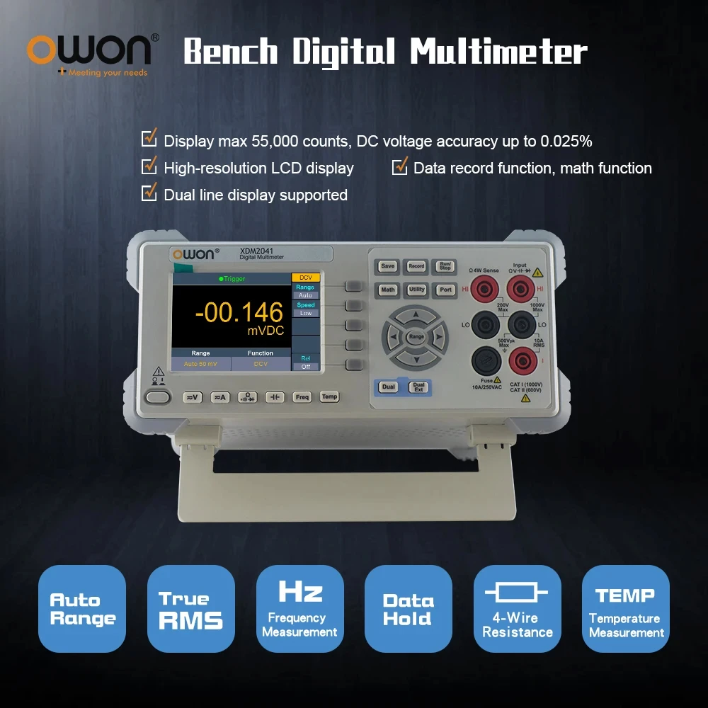 OWON XDM2041 Digital Multimeter 4-Inch LCD 55000 Counts, AC Voltage Current Resistance Frequency, Support Dual-line Display