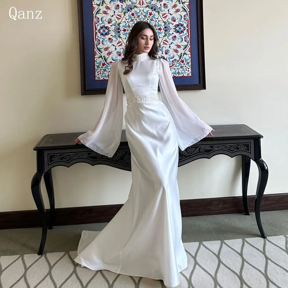 

Qanz Modest Silk Satin Wedding Dresses Perals Mermaid Bridal Dress for Wedding Luxury 2024 Barley Long Sleeves Vestidos De Novi