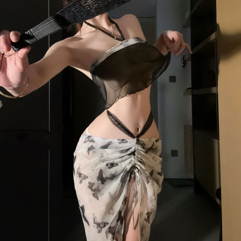 Sexy Classical Black White Print Hanfu Ancient Style Dress Erotic Underwear Chinese Transparent Skirt Adult Home Sleepwear New