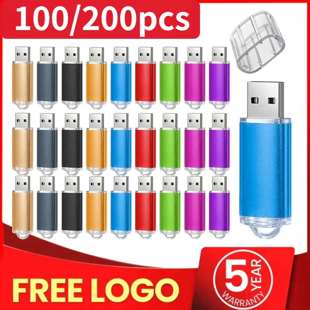 100/200 шт. USB-флешки на заказ, креативные, для бизнеса, USB 2.0, цветные, металлические, 64 ГБ, 32 ГБ, 16 ГБ, 8 ГБ, 4 