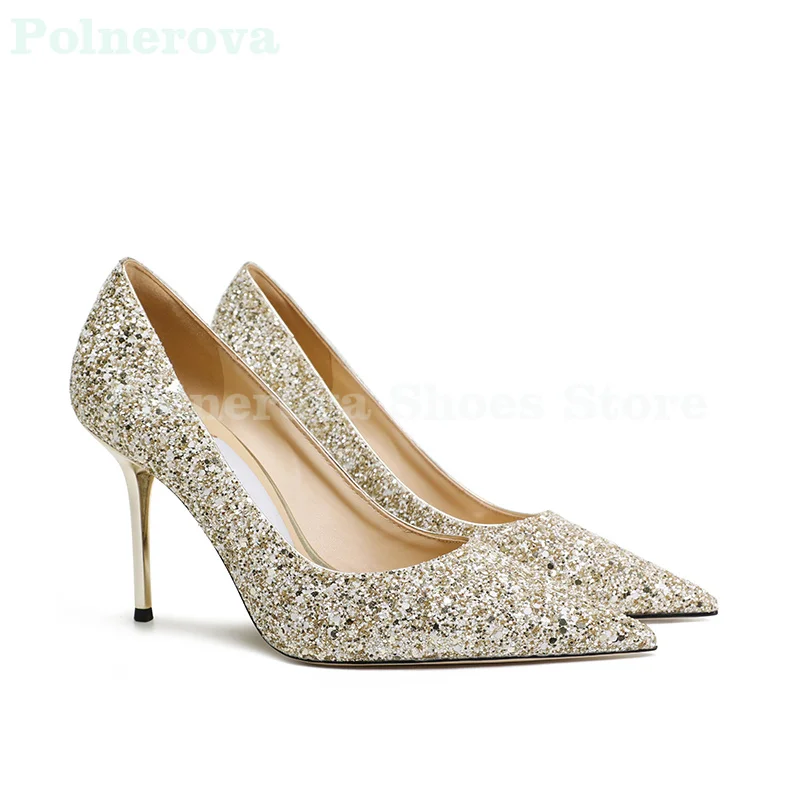 Colore sfumato paillettes tacchi alti donna sposa scarpe da sposa Stiletto a punta temperamento scarpe singole scarpe da sposa scarpe da sposa