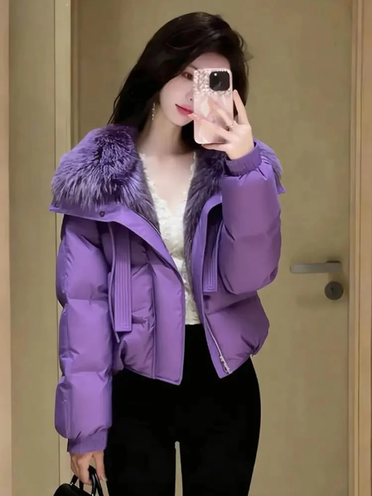 

Зимнее пальто Sli Thiened, фиолетовое хлопковое пальто с большим меховым воротником, женская модная теплая верхняя одежда, корейские свободы...