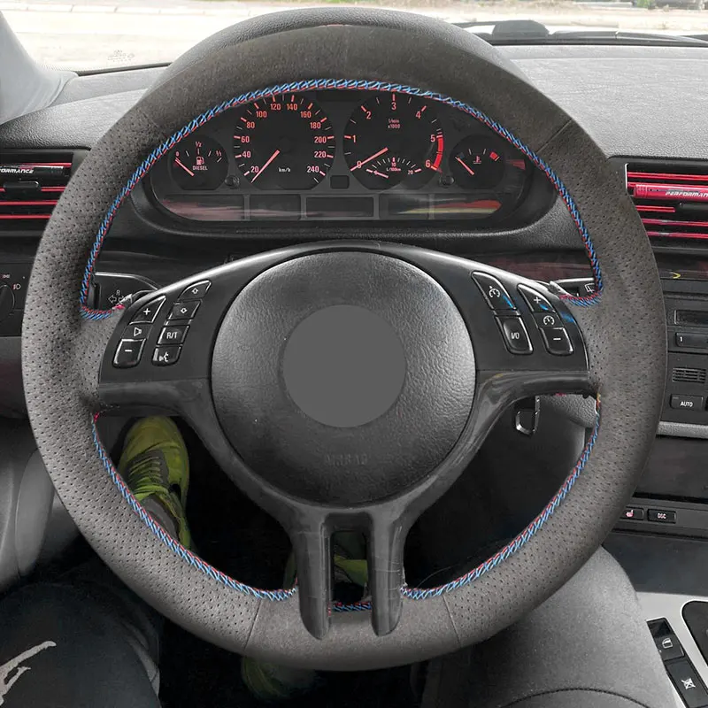 Car Steering Wheel Cover Trim For BMW 3 5 Series E46 E39 X5 E53 2000 2001 2002 2003 Z3 E36 1.2mm Suede Leather w/ red blue line