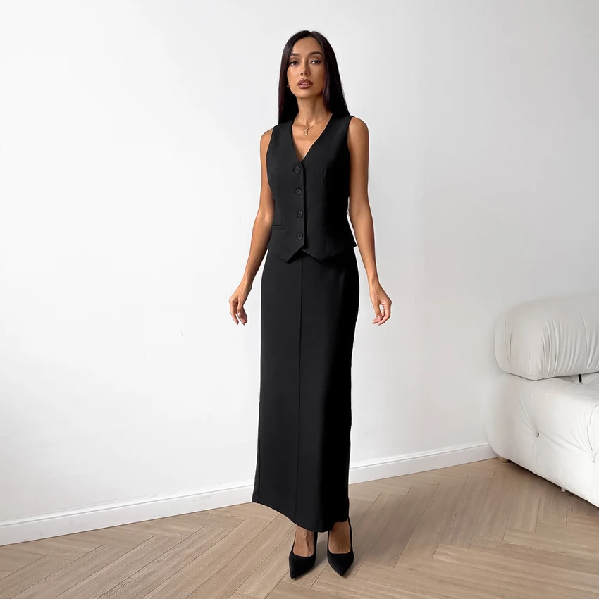 Women Elegant Two Piece Set Black Skirts Suits V-neck Sleeveless Blazers Tops+Long Skirts Maxi Skirts 2 Piece Set Outfits Female