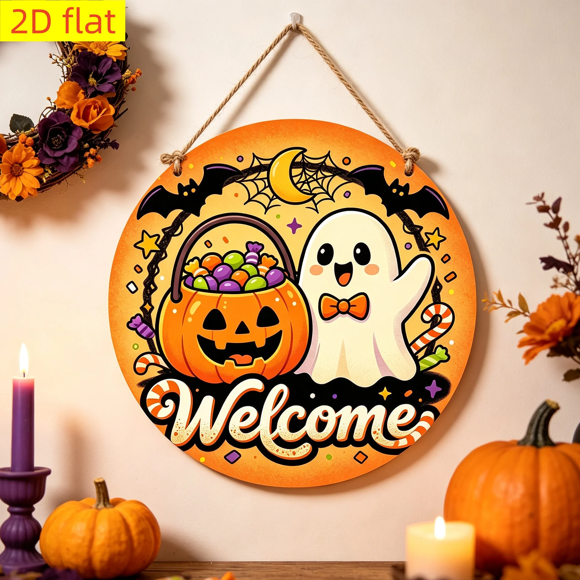 2D Flat, 1pc 2D Flat Printed Halloween Wooden Round Hanging Sign, Door Hanger Ornament, Dual Use as Door Hanger/Wall Hanging, Su