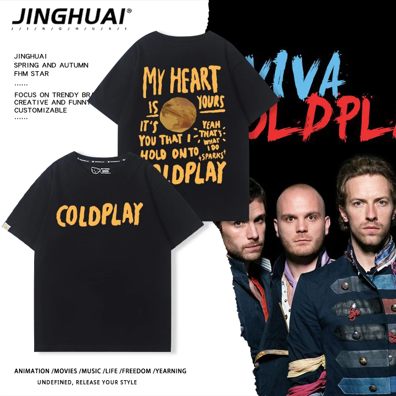 Camiseta clásica de manga corta Coldplay de verano para hombres y mujeres, camiseta retro de 100% de algodón con cuello redondo rock punk high street
