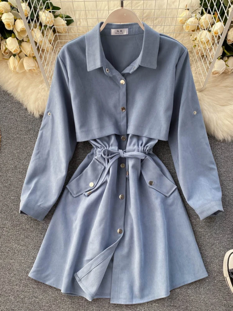 New Women Short Dress Spring Autumn Turn Down Collar Single-breasted Casual Dresses Ladies Shirts Dress