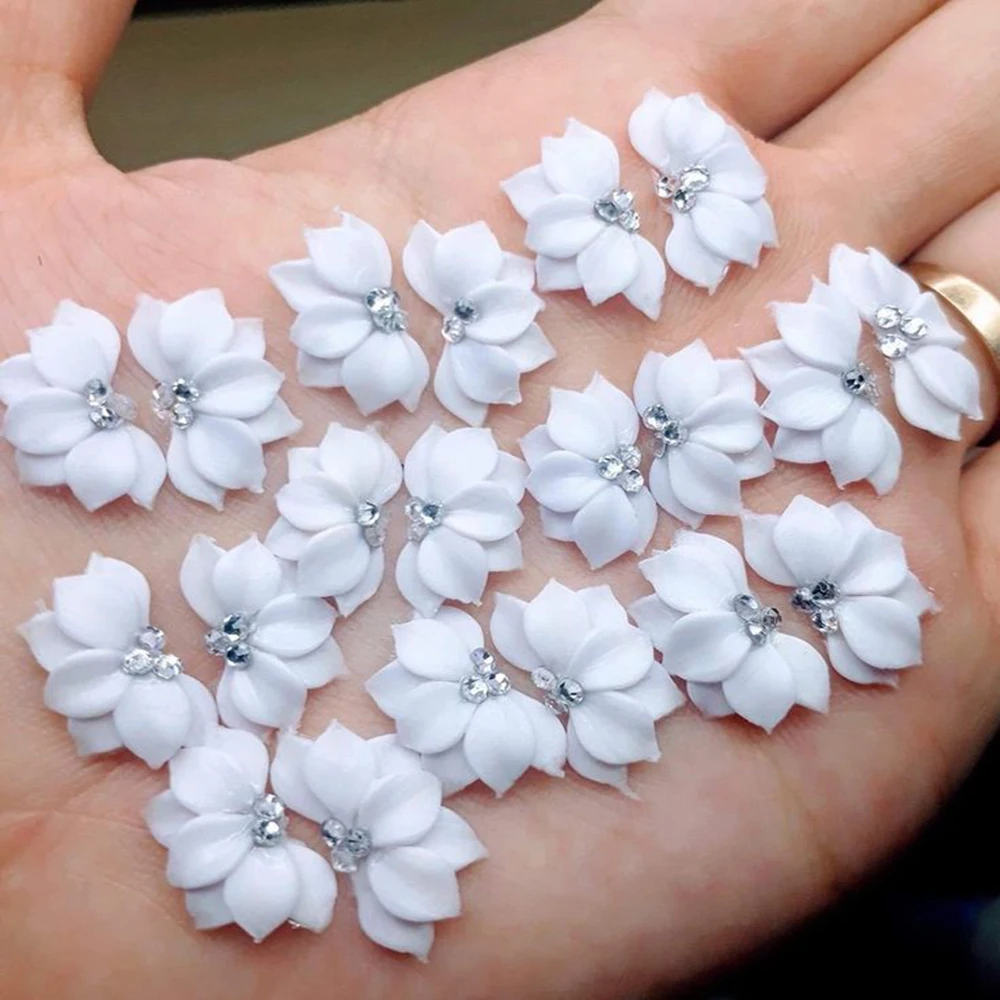 5/10/12Pcs/set 3D Handmade White Acrylic Flower Nail Charms 10x15cm Carving Flower Nail Art With Glitter Diamond Acrylic Floret