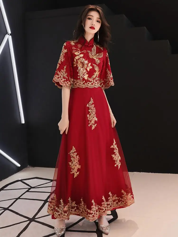 Chinese stijl bruid trouwjurk elegant borduurwerk tule vrouwen jurk avond feestjurk klassieke mandarijn kraag vestidos 3XL - afbeelding 2