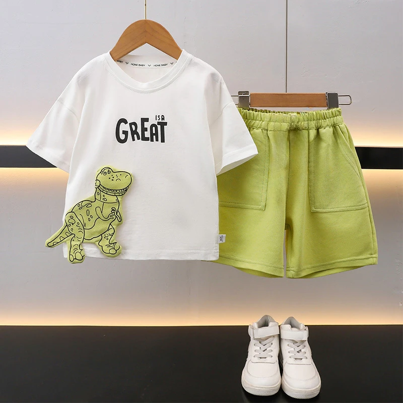 Summer Baby Girls Clothes Set Children Boy Cartoon Dinosaur Patchwork T-shirts And Shorts 2pcs Outfits Kid Top Bottom Suits