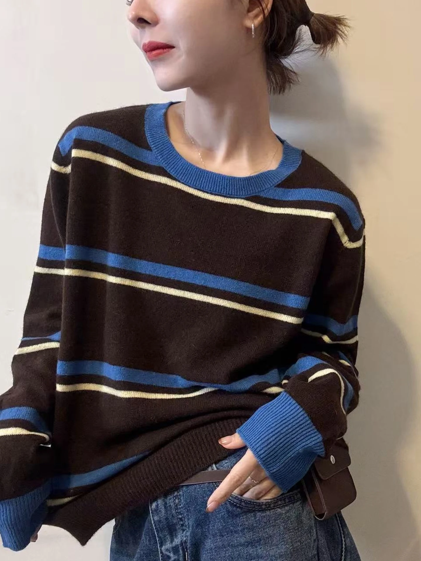 

Удобный полосатый трикотаж Long Sve round Ne Sweater Color Blo Утягивающий топ для осеннего сезона для поездок на работу Faion Sle