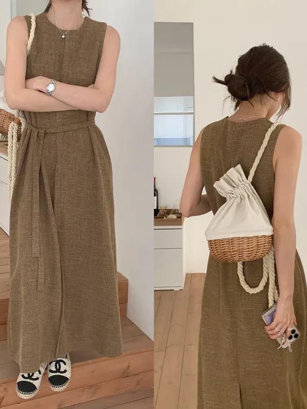 Retro Chic Svel Long Dr z paskiem i rozcięciem Ele Vintage Sle Maxi Vest Dr dla kobiet Sezon letni