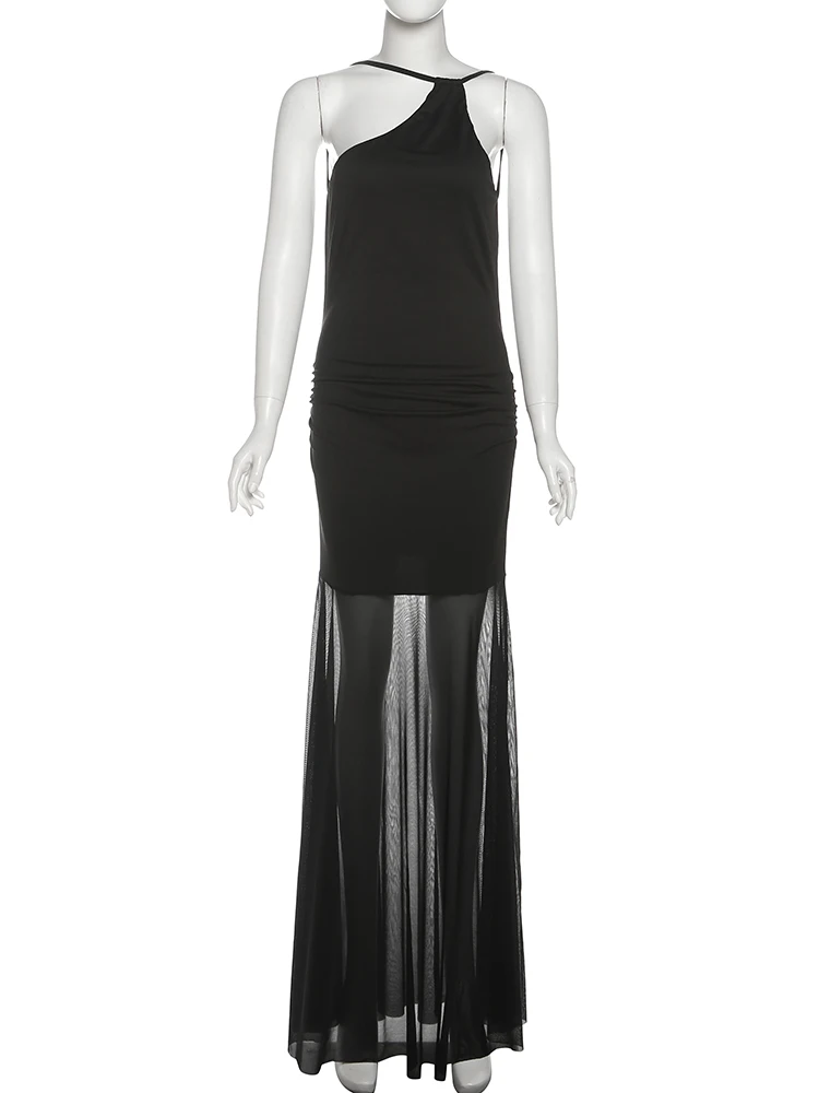 Nibber Backless Mesh Patchwork Lange Jurk Vrouwen Geneigd Schouder Mouwloos Middernacht Prom Party Ruches Elegante Mode Vestidos