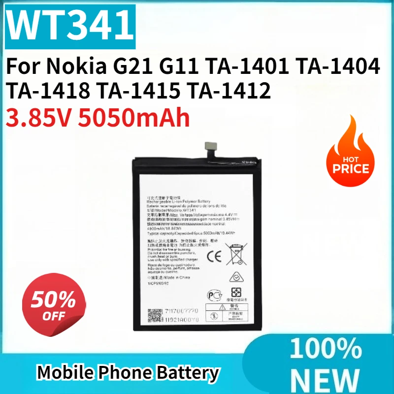 

High Quality New WT341 3.85V 5050mAh Replacement Phone Battery For Nokia G21 G11 TA-1401 TA-1404 TA-1418 TA-1415 TA-1412 Bateria